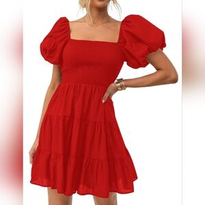Fire Red Square Neck Puff Sleeve Smocked Mini Dress Size M